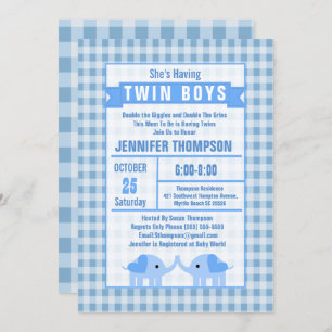 Boys Twin Elephant Baby Shower Blue Gingham Einladung