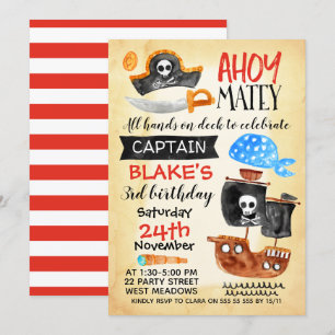 Boys Watercolor Ahoy Pirate Einladung zum Geburtst