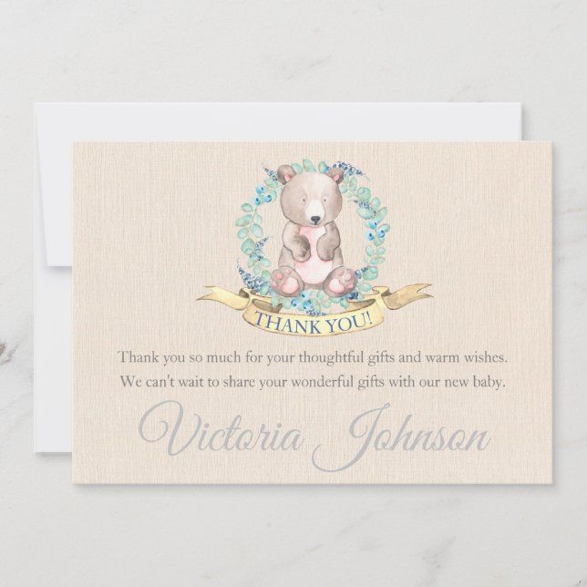 Boys Watercolor Floral Baby Bear Baby Dusche Dankeskarte (Vorderseite)
