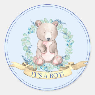 Boys Watercolor Floral Baby Bear Baby Showklasse Runder Aufkleber