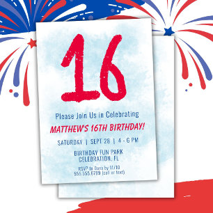 Boys Watercolor Kids Blue 16. Geburtstag Einladung
