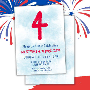 Boys Watercolor Kids Blue 4. Geburtstag Einladung