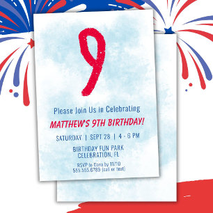 Boys Watercolor Kids Blue 9. Geburtstag Einladung