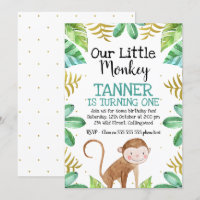 Boys Watercolor kleiner Affe zum Geburtstag Einlad