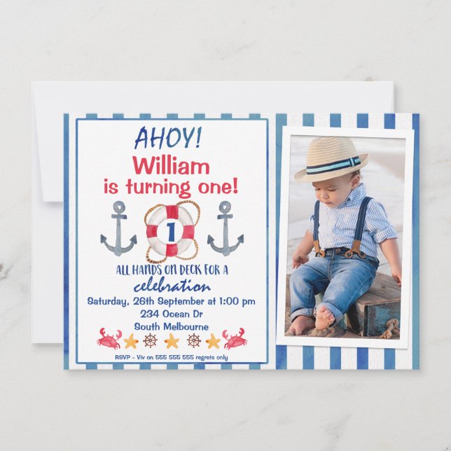 Boys Watercolor Nautical Birthday Party Einladung (Vorderseite)