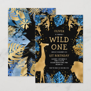 Boys Wild One 1. Geburtstag Blau Schwarz Safari Einladung