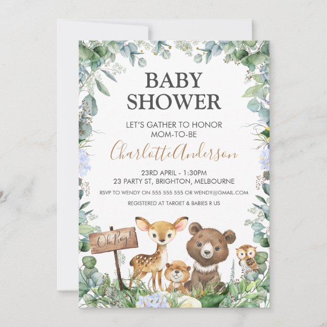 Boys Woodland Animals and Greenerity Baby Shower Einladung (Vorderseite)