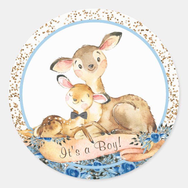 Boys Woodland Deer Baby Shower Stickers (Vorderseite)