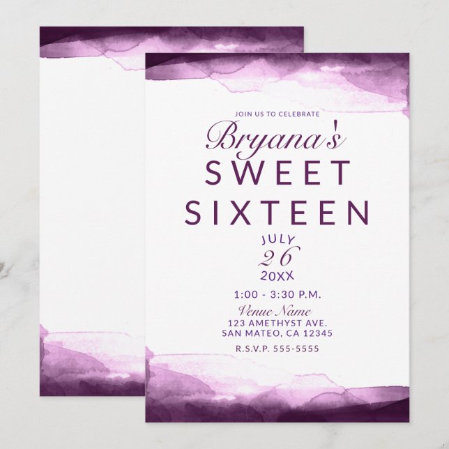 Boysenberry Lila Watercolor Chic Sweet 16 Party Einladung (Vorne/Hinten)