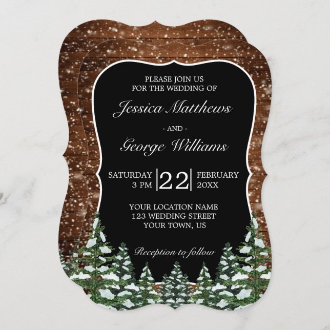 Bracket Black Snowy Wood & Forest Country Wedding Einladung (Vorne/Hinten)