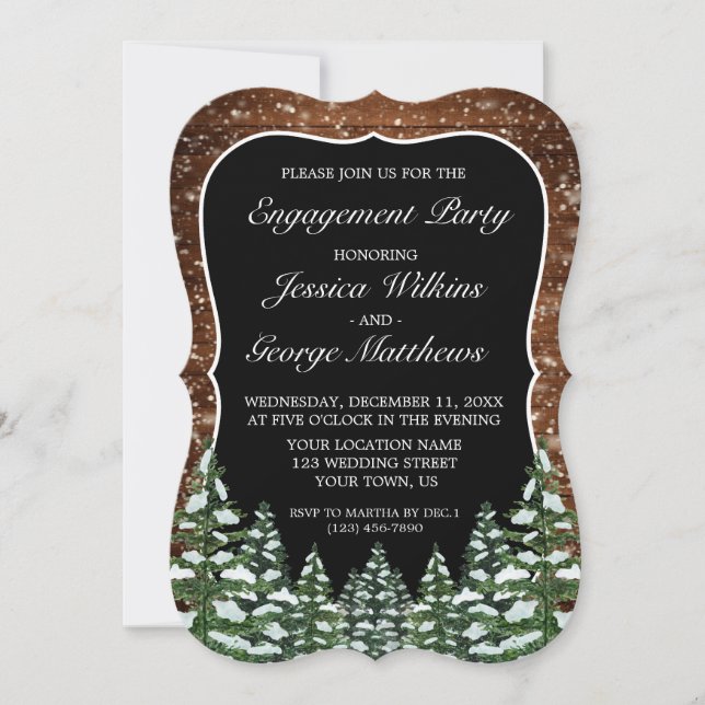 Bracket Black Snowy Wood & Forest Engagement Party Einladung (Vorderseite)