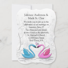 Bracket Edge Pink Blue Kissing Swans Hochzeit Einladung