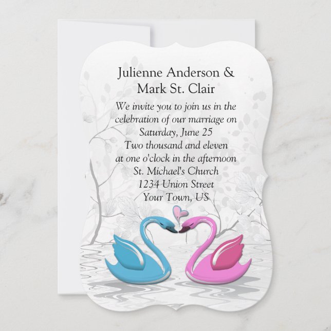 Bracket Edge Pink Blue Kissing Swans Hochzeit Einladung (Vorderseite)