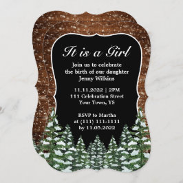 Bracket Snowy Wood & Forest Baby Girl Birth Einladung
