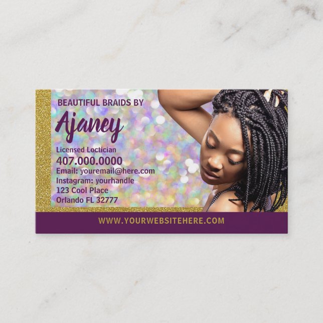 Braider Braids Loctician Glitzer Business Card Terminkarte (Vorderseite)