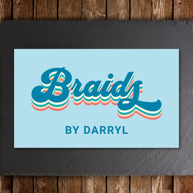 Braids Braider Groovy Retro Blue Visitenkarte (Retro blue braids business card  placed on a wood and slate background. )
