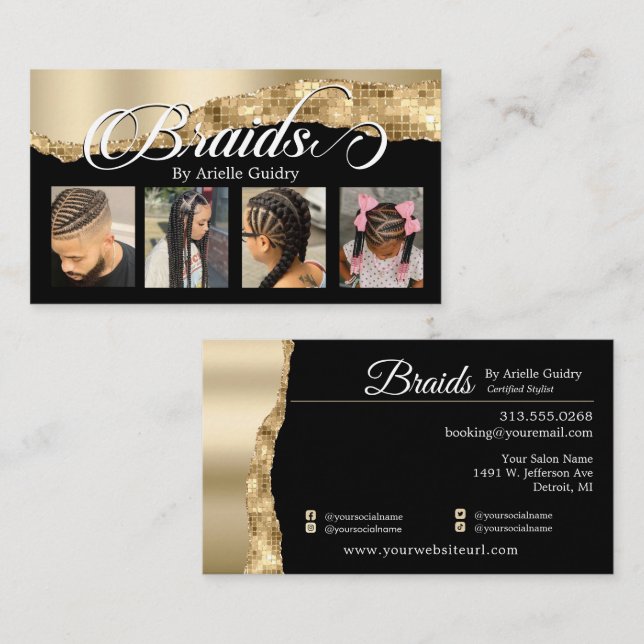 Braids Hair Braiding Stylist Salon Gold Glam Foto Visitenkarte (Vorne/Hinten)