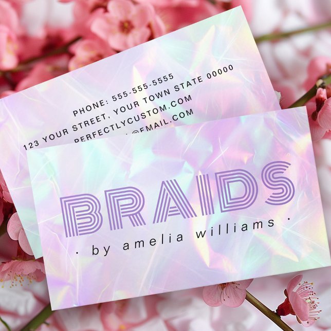 Braids lila holografische Pastellfarben Visitenkarte (Braids purple holographic pastel rainbow colors business card)