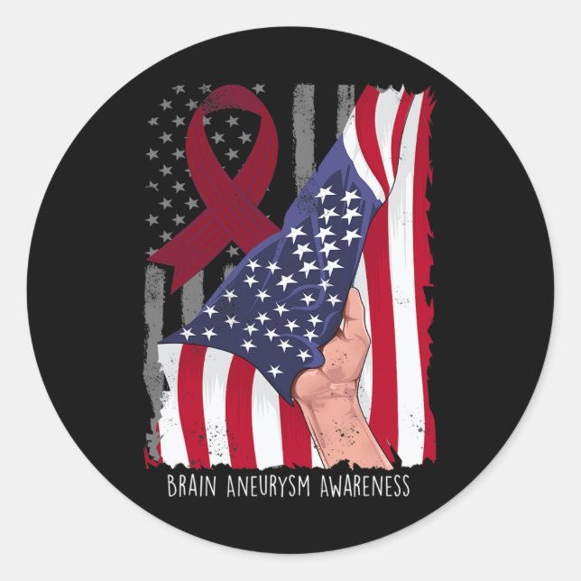 Brain Aneurysm Awareness American Flag Burgundy Ri Runder Aufkleber (Vorderseite)