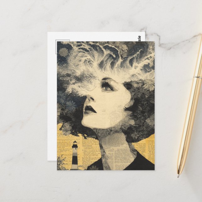 Brain Waves Lighthouse Mixed Media Collage Postkarte (Vorderseite/Rückseite Beispiel)