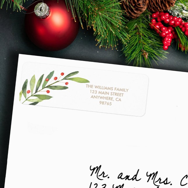 Branch and Berries Red Christmas Return Address (Branch and berries Christmas return address labels)