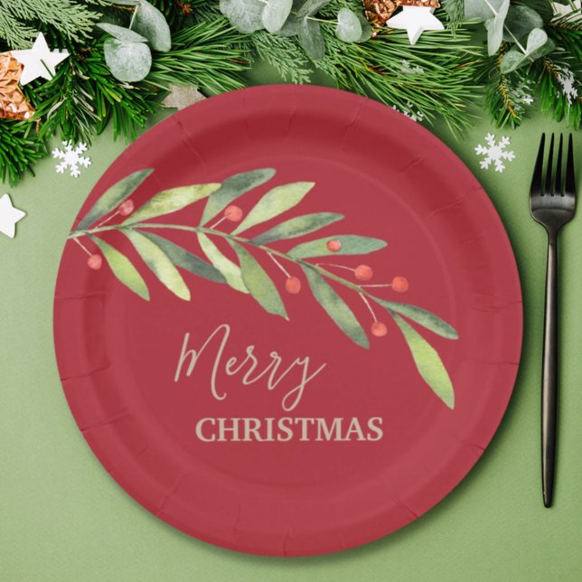 Branch Berries auf Red Christmas Paper Plate Pappteller (Von Creator hochgeladen)