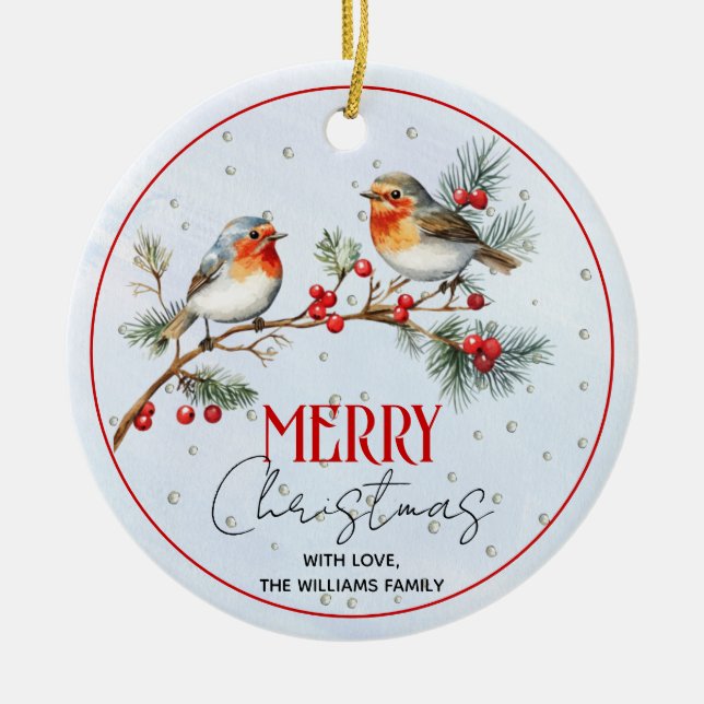 Branch with robin birds, berries Christmas photo Keramik Ornament (Vorne)