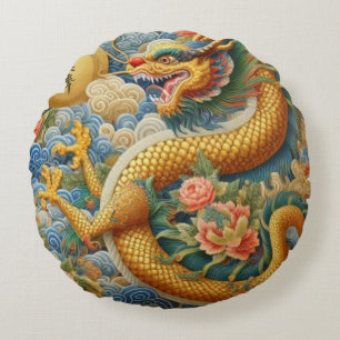 Brand Chinoiserie Dragon Gold Rundes Kissen