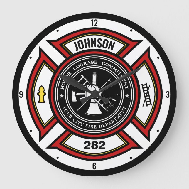 Brandabteilung ADD NAME Firefighter Abzeichen Resc Große Wanduhr (Vorderseite)