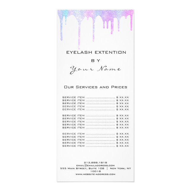 Branding Price List Eyelash Hair Pink Holograph Werbekarte (Hinten)