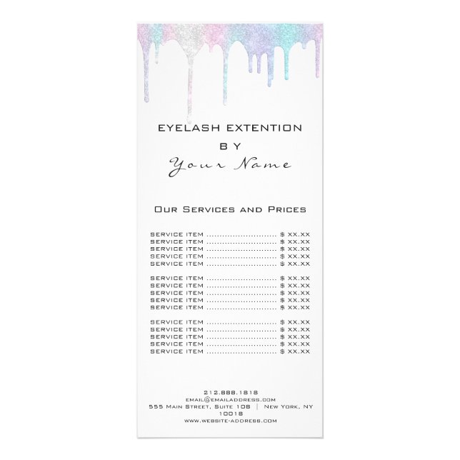 Branding Price List Lash Extension Holograph White Werbekarte (Vorne)