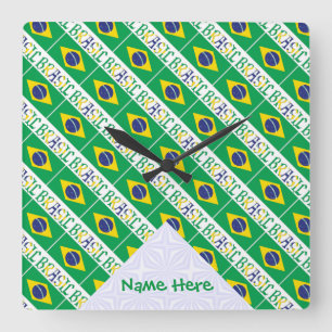 Brasil and Brazilian Flag Tiled with Your Name Quadratische Wanduhr