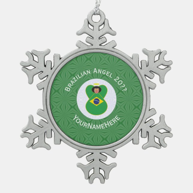 Brasilianische Fahne für den Weihnachtsangel Perso Schneeflocken Zinn-Ornament (Vorderseite)