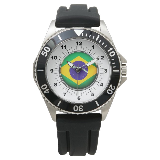 Brasilianische Flagge Kronenkralle schwarzer Gummi Armbanduhr (Vorderseite)