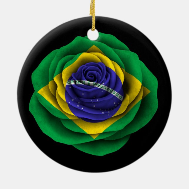 Brasilianische Rosen-Flagge auf Schwarzem Keramik Ornament (Hinten)