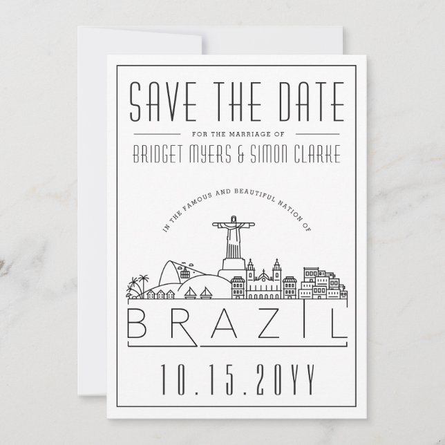Brasilien Hochzeitstilisierte Skyline Save the Dat Einladung (Vorderseite)