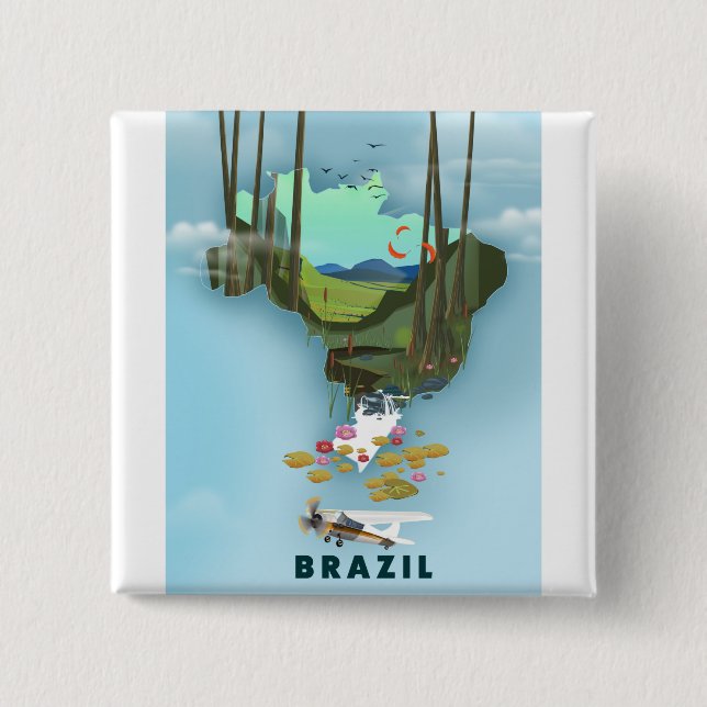 Brasilien Karte Illustriertes Reiseplakat Button (Vorderseite)
