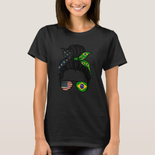 Brasilien USA Flag Messy Bun Ehefrau Mama Brasilia T-Shirt