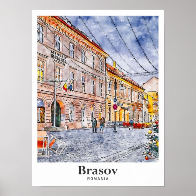 Brasov Rumänien Reisen Wasserfarben Hand gezogen Poster (Vorne)