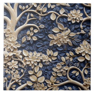 Brass Blume Tree, Golden and Blue Mural, Relief Fliese