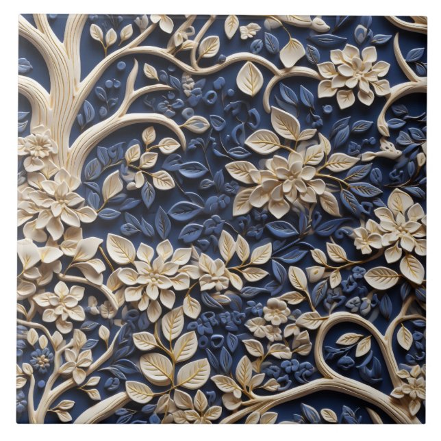 Brass Blume Tree, Golden and Blue Mural, Relief Fliese (Vorderseite)