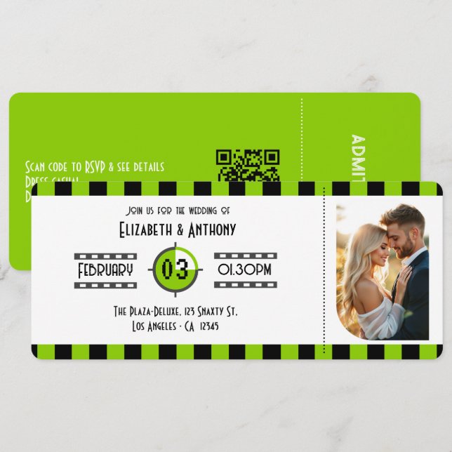 Brat Green, Black & White Cinema Ticket Wedding Einladung (Vorne/Hinten)