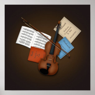 Bratsche & Bogen auf einem Stapel Musikbücher Anpa Poster