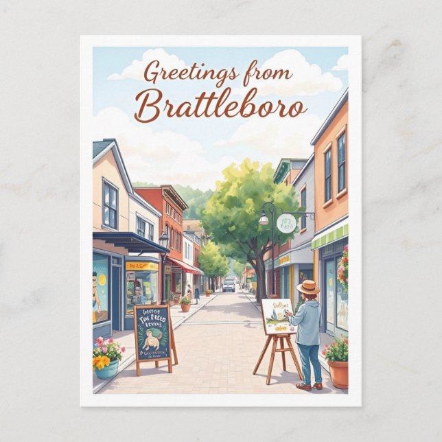 Brattleboro, Vermont – Artsy Downtown Vintage Postkarte (Vorderseite)
