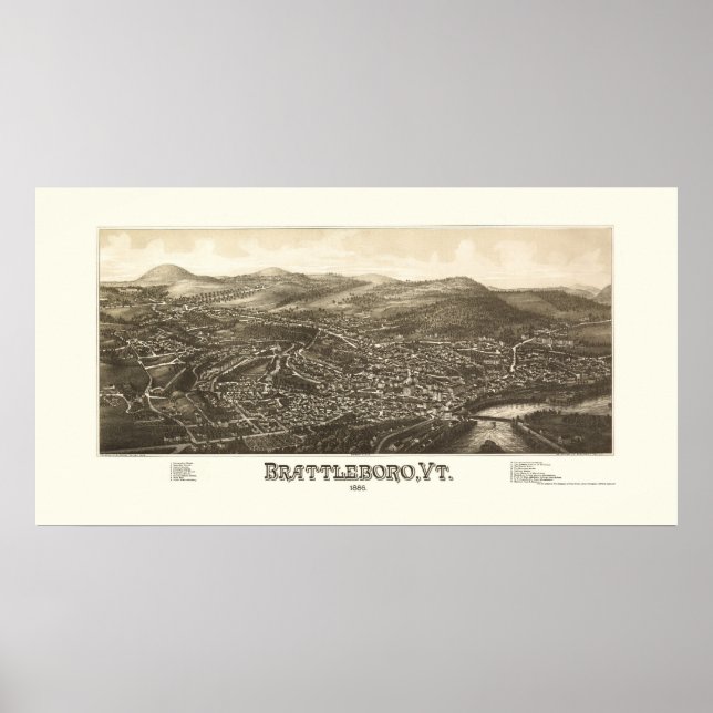Brattleboro, VT Panorama Karte - 1886 Poster (Vorne)