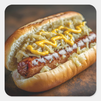Bratwurst Sausage with Mustard and Sauerkraut Quadratischer Aufkleber