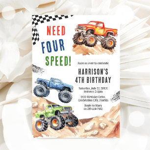 Brauche Four Speed Monster Truck Junge 4. Geburtst Einladung