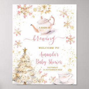 Brauen Pink Winter Tea Party Baby Shower Willkomme Poster