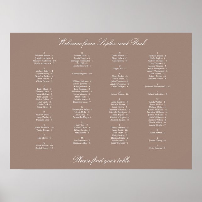 Braun alphabetischer Sitzplan Poster (Vorne)
