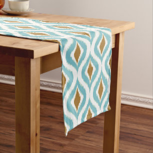 Braun Aqua Türkis Blau Ikat Ogee Kunstmuster Kurzer Tischläufer